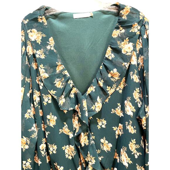 Lush Green Floral Long Baloon Sleeve Blouse 3x - Picture 5 of 6